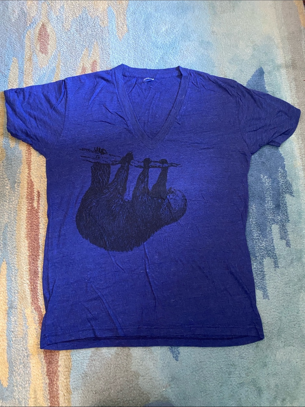 American Apparel Royal Blue V-Neck Tee with Black Sloth Graphic